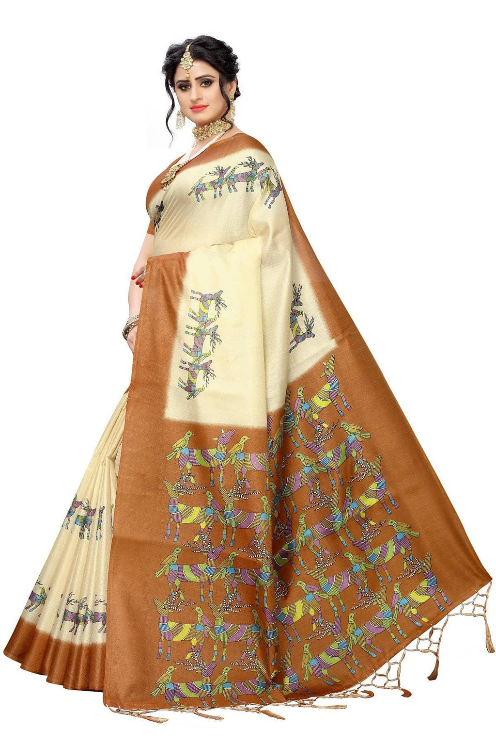 Vamika Multicolor & Brown Kalamkari With Jhalar Khadi Silk Saree