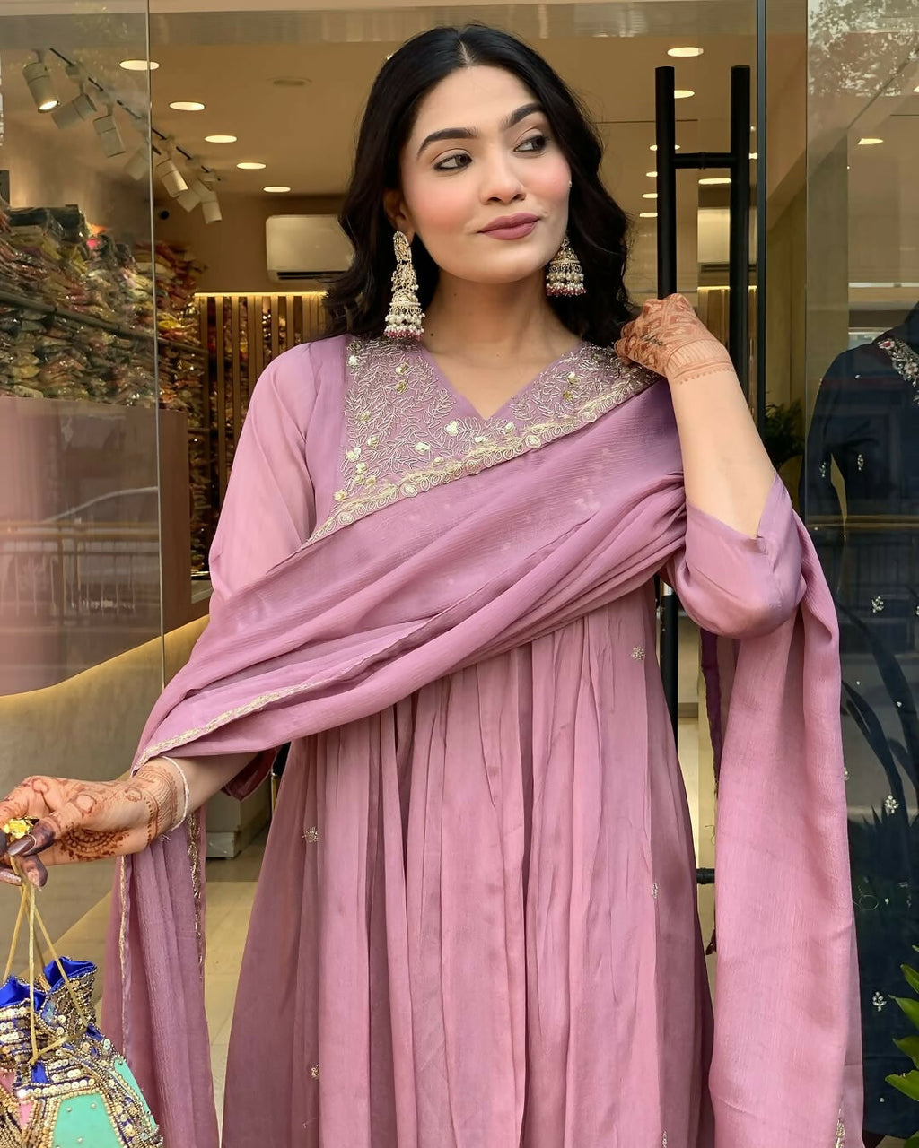 The52 Women's Beautiful Chinon Fabric Embroidery Work Flared Kurta Pant and Dupatta Set - Distacart