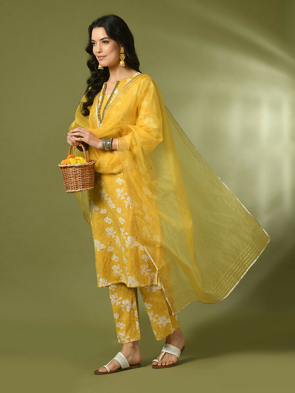 Myshka Women's Yellow Printed Cotton Straight Party Kurta Set With Dupatta