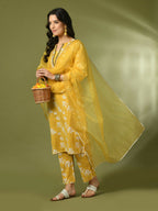 Myshka Women's Yellow Printed Cotton Straight Party Kurta Set With Dupatta