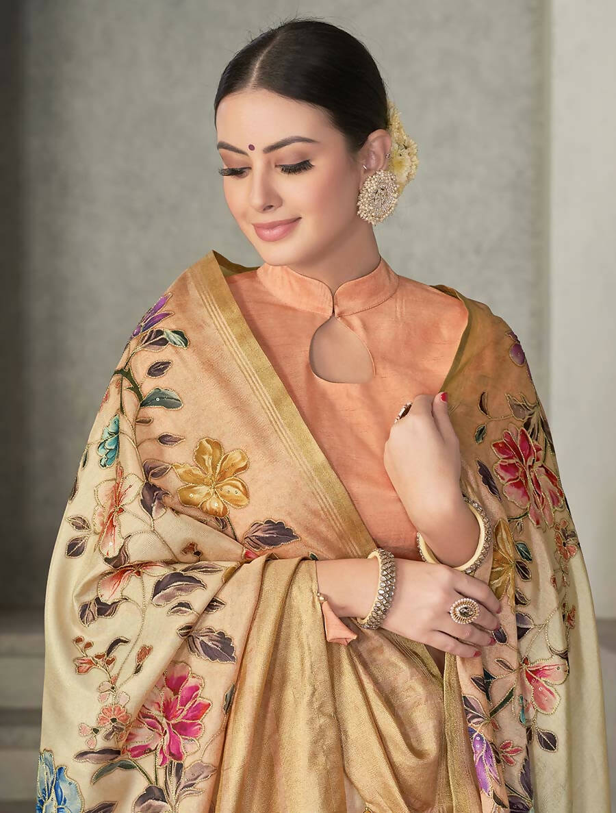 Beige Rangkat Tussar Silk Woven Design Saree with Unstitched Blouse - Mohmanthan Eshani