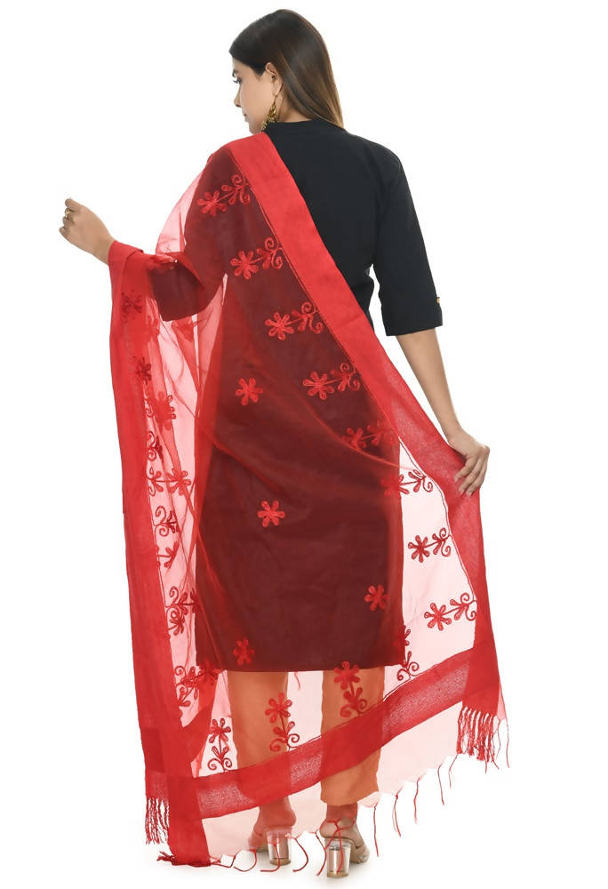 Mominos Fashion Red Orgenza Chikan Work Dupatta