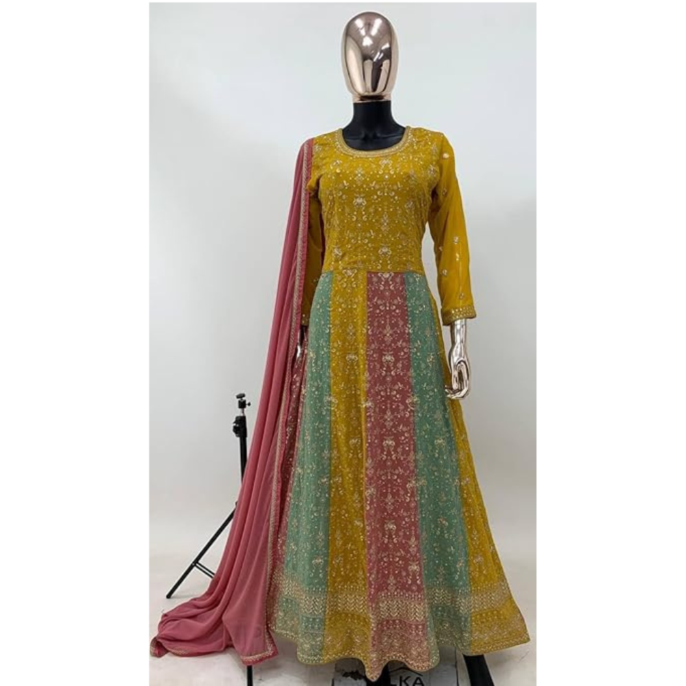 Teeya Creation Multi Colour Faux Georgette Heavy Embroidery Sequence Work Fully Stitched Salwar Suit (Gown & Dupatta)