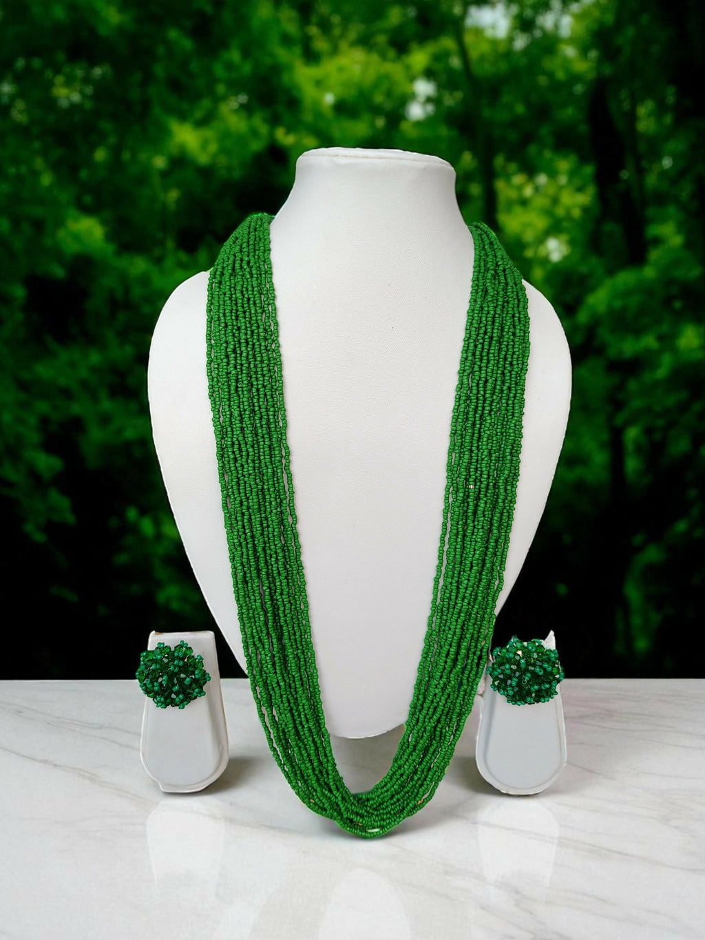 Inhanns Rangsaaz 20-Layer Luxe Long Beaded Necklace (With Optional Statement Earrings) - Green With Earring