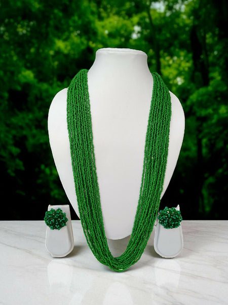 Inhanns Rangsaaz 20-Layer Luxe Long Beaded Necklace (With Optional Statement Earrings) - Green With Earring