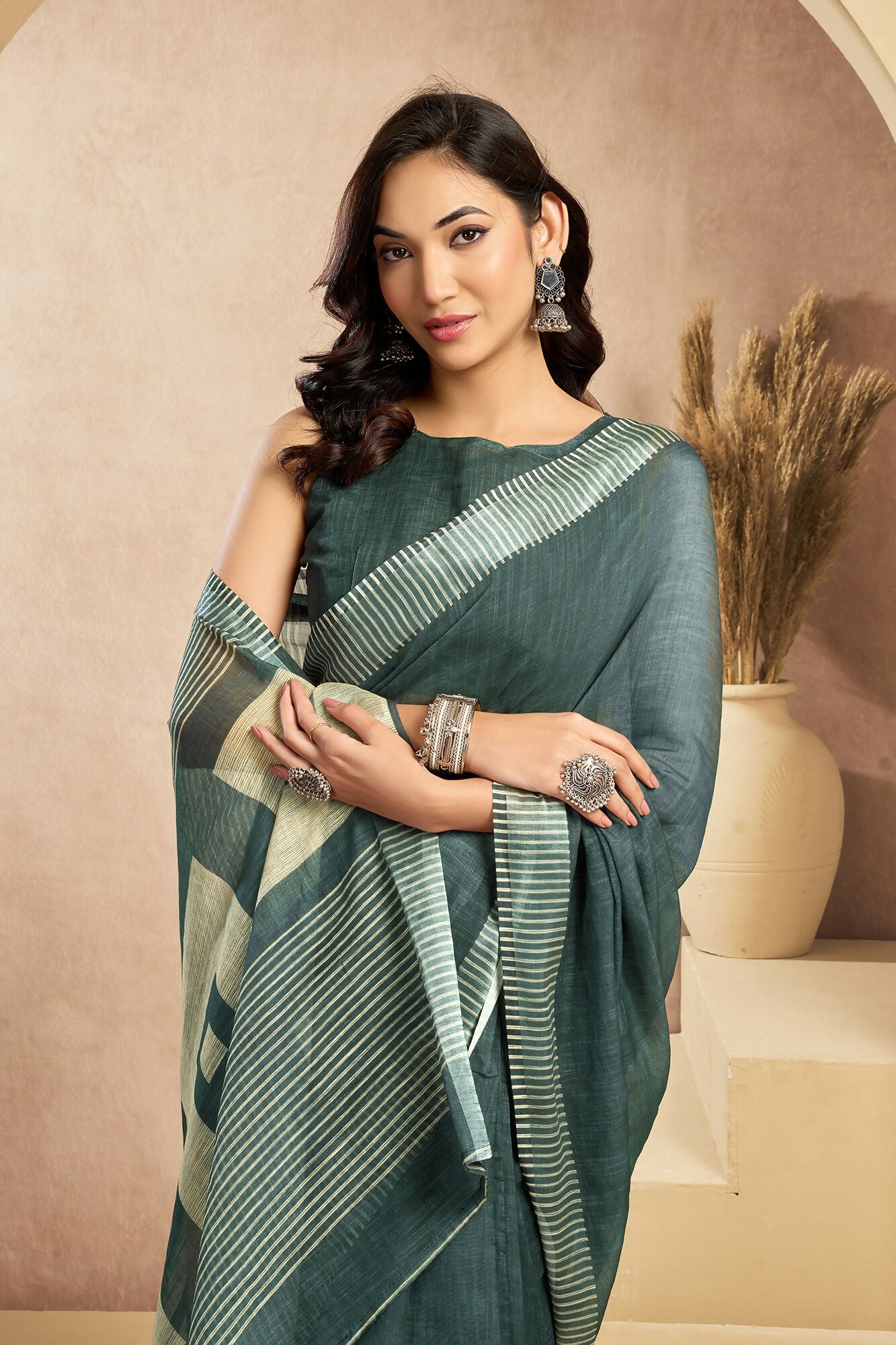 Vastranavya Morpeach Digital Printed Linen Ready To Wear Pocket Saree with Unstitched Blouse - Distacart