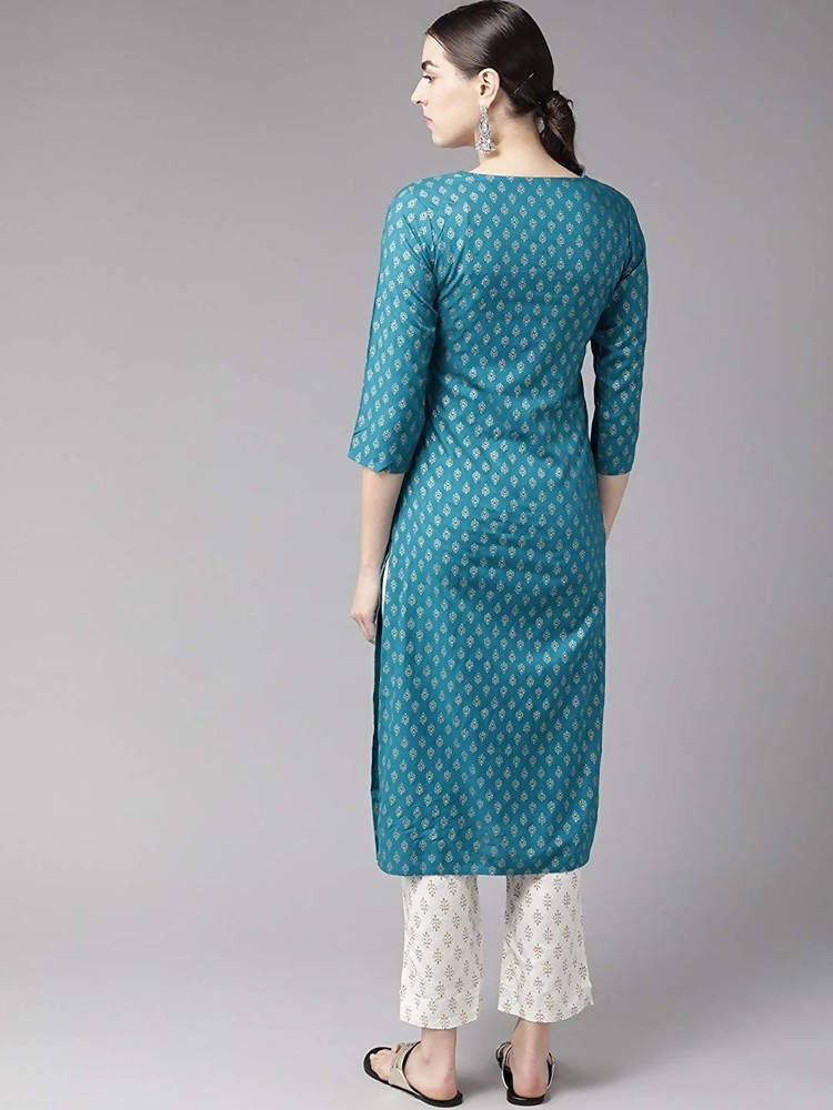 Yufta Women Teal Blue & Golden Printed Kurta with Trouser