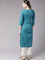 Yufta Women Teal Blue & Golden Printed Kurta with Trouser