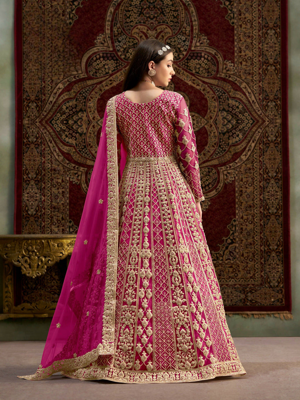 Anaita Rani Pink Embroidered Net Stitched Anarkali Suit - Distacart