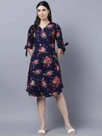 Myshka Women Navy Blue Pink Floral Print A-line Dress - Distacart