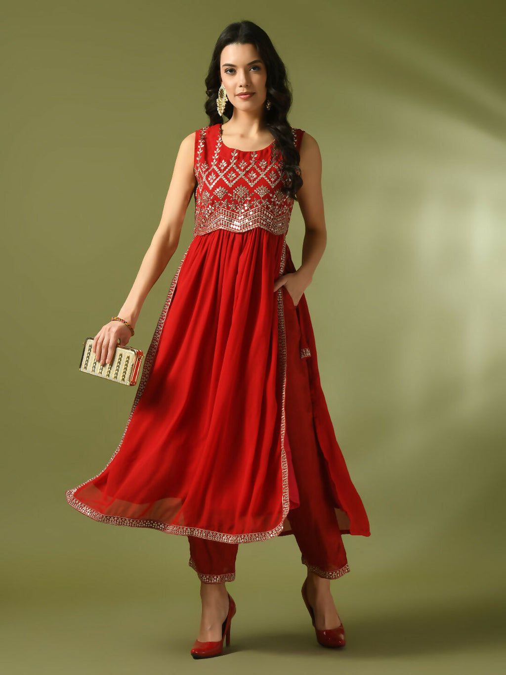 Myshka Women's Red Embroidered Georgette Anarkali Party Kurta Set