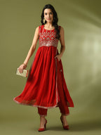 Myshka Women's Red Embroidered Georgette Anarkali Party Kurta Set