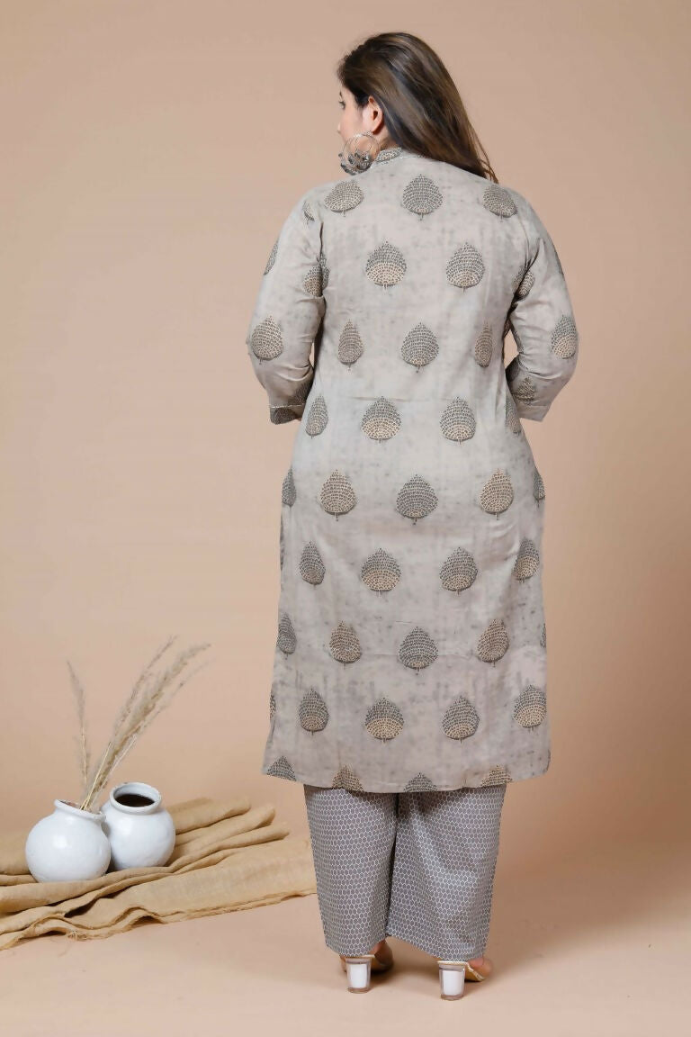 Miravan Women's Plus Size Beige Printed Gota Patti Pure Cotton Kurta With Palazzo