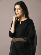 Myshka Women's Black Embroidered Cotton Straight Party Kurta Set With Dupatta