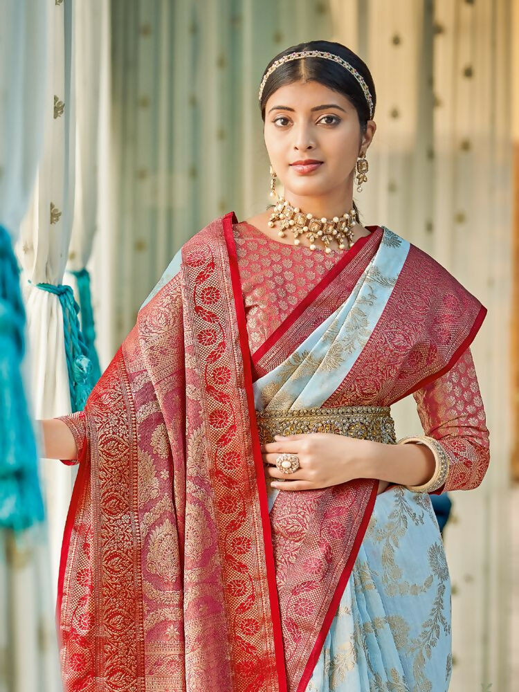 Shree Shyam Fashion Linen Cotton Sky Blue Saree - Distacart