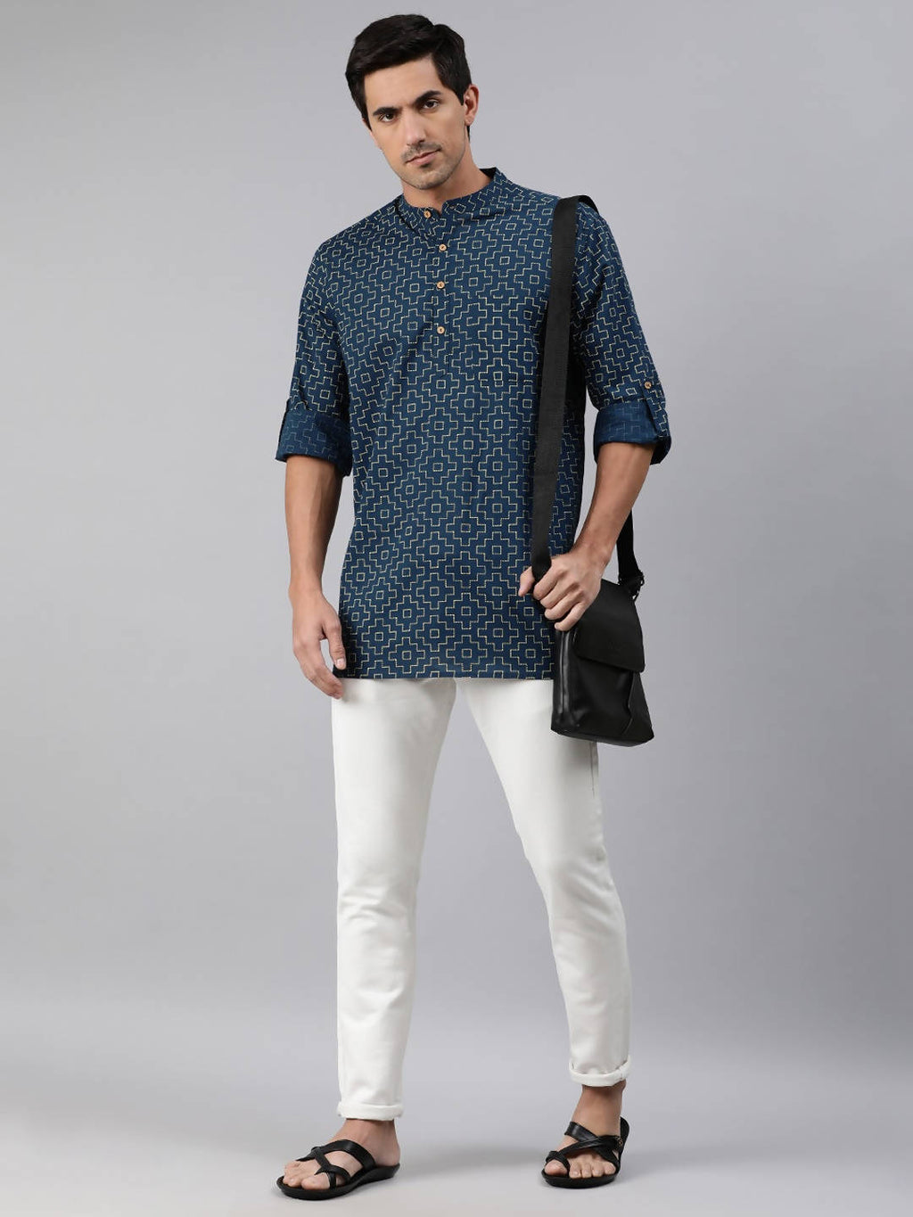 Janasya Men Navy Blue & Yellow Geometric Printed Kurta - Distacart