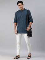 Janasya Men Navy Blue & Yellow Geometric Printed Kurta - Distacart