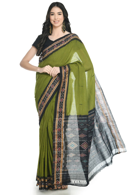 Vamika Sambalpuri Ikat Cotton Rekhabala Buti Green & Black Saree