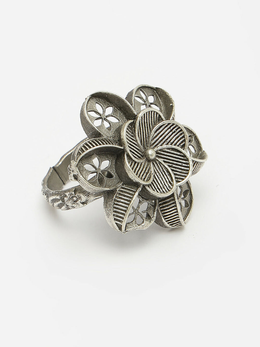 NVR Women's Silver-Toned Floral Shape Adjustable Finger Ring