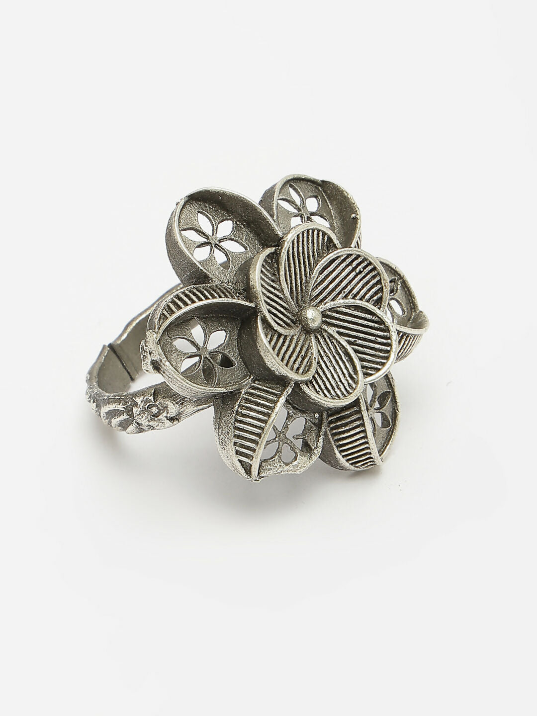 NVR Women's Silver-Toned Floral Shape Adjustable Finger Ring