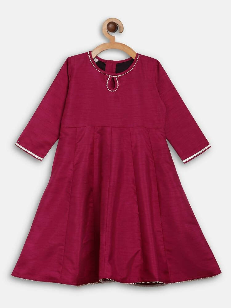 Ahalyaa Wine Poly Silk Curved Kids Kurta Palazzo Set With Bottom For Girls