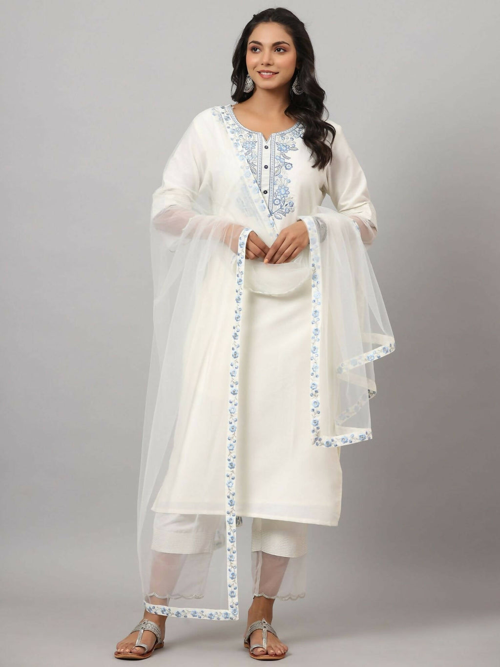 Juniper Women's White Chinnon Solid Embroidered Kurta Set - Distacart