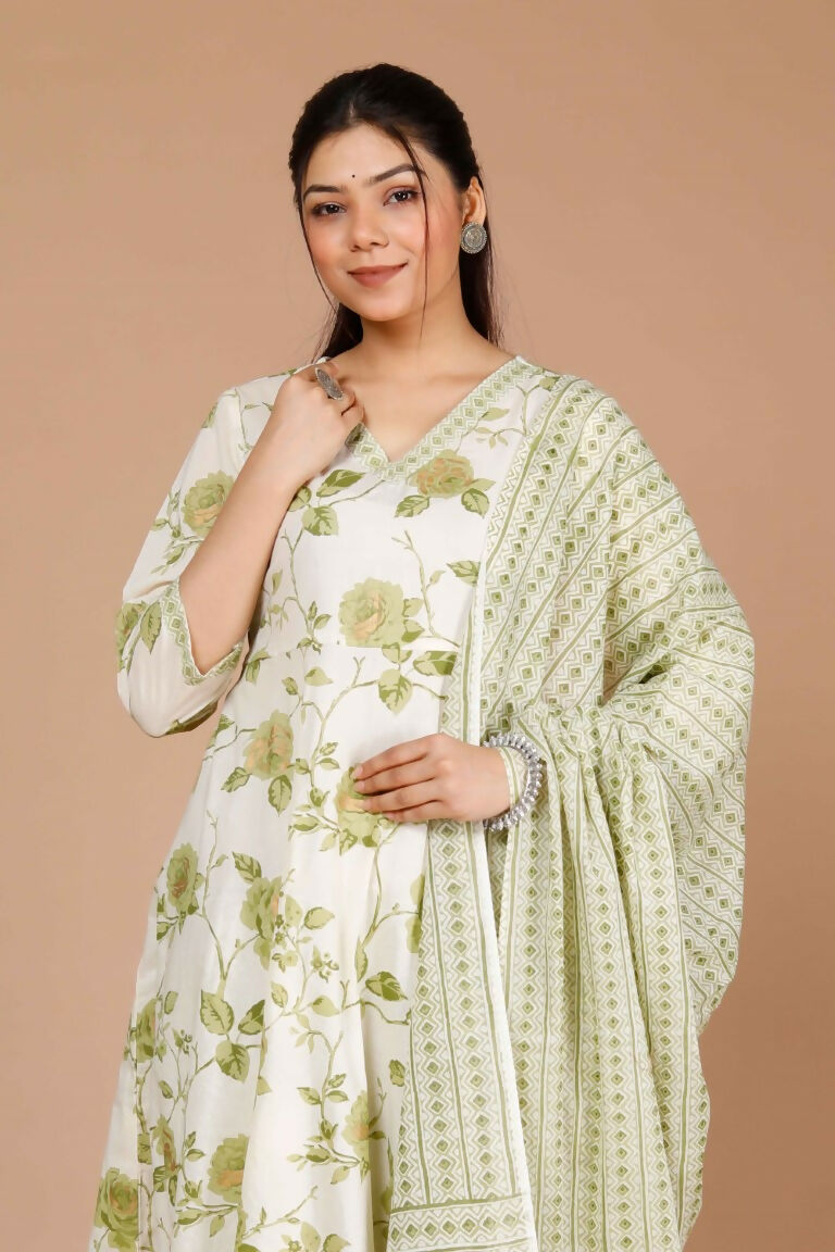 Miravan Women's Green Printed Anarkali Kurta With Palazzo And Dupatta