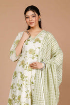 Miravan Women's Green Printed Anarkali Kurta With Palazzo And Dupatta