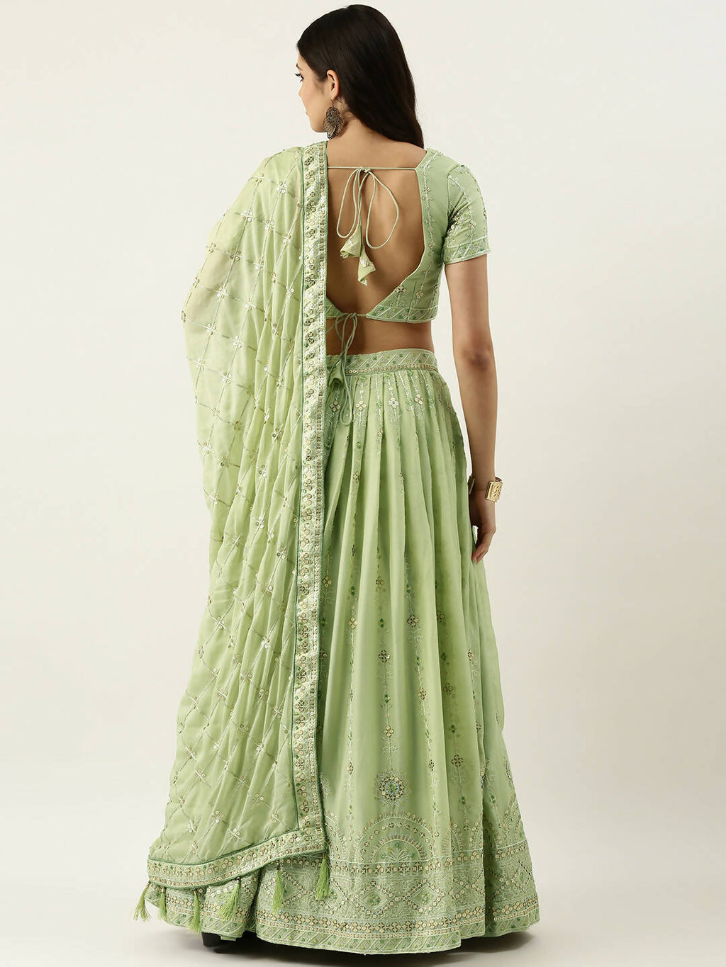 House of Panchhi Pista Green Pure Georgette Embroidered Lehenga & Blouse, Dupatta