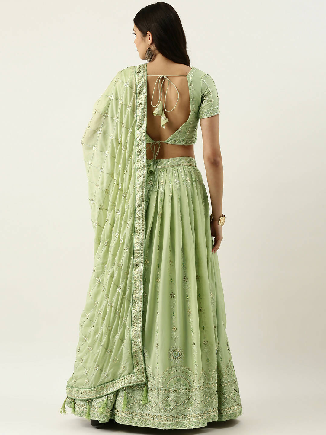 House of Panchhi Pista Green Pure Georgette Embroidered Lehenga & Blouse, Dupatta