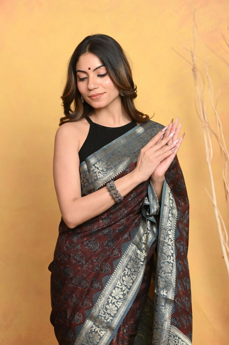 Very Much Indian Modal Silk Ajrakh Handblock Printed Natural Dyes With Designer Border Saree - Dark Maroon