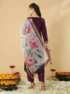 The52 Women's Beautiful Chanderi Silk Fabric Embroidery Work Straight Kurta Pant and Dupatta Set - Distacart