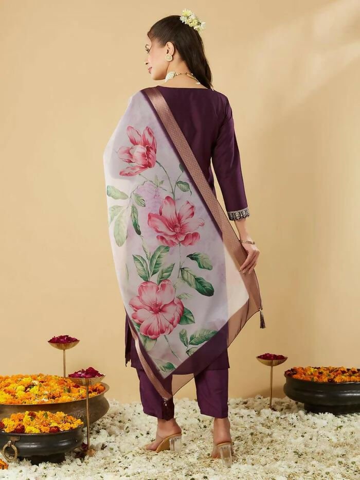 The52 Women's Beautiful Chanderi Silk Fabric Embroidery Work Straight Kurta Pant and Dupatta Set - Distacart