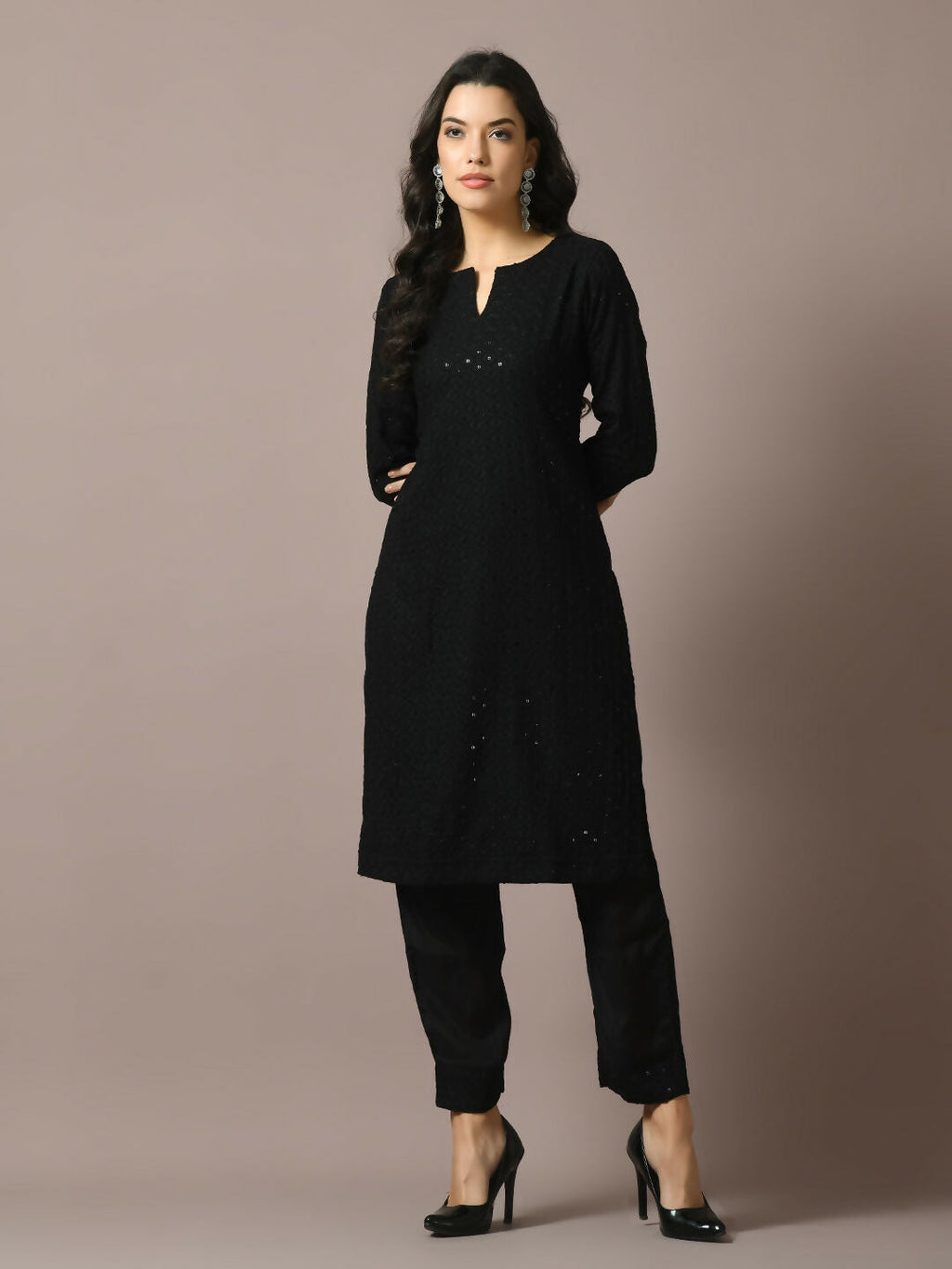 Myshka Women's Black Embroidered Cotton Straight Party Kurta Set