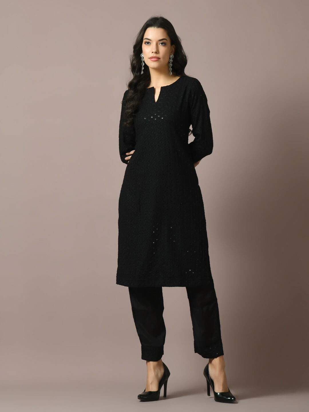 Myshka Women's Black Embroidered Cotton Straight Party Kurta Set