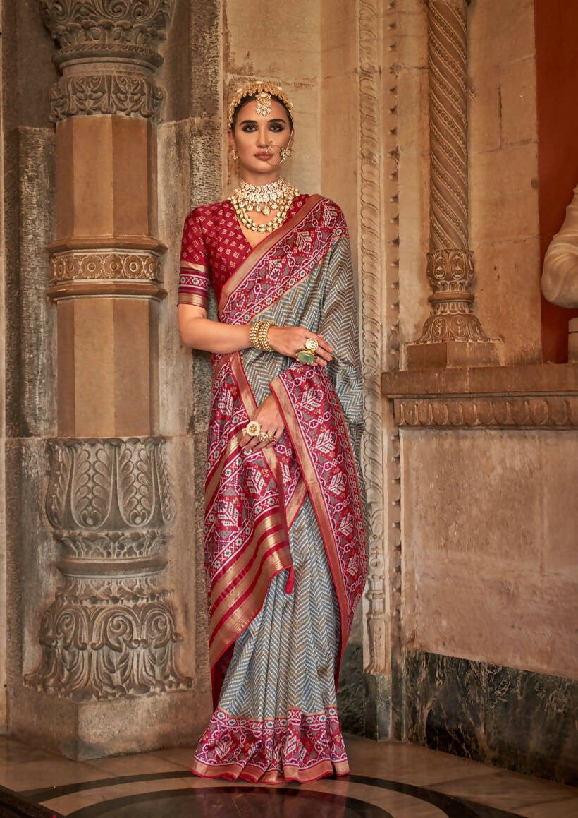 Silver Grey Banarasi Weaving, Ultra Aqua Finish, Zari Work Banarasi Silk Saree - Rath Kunti
