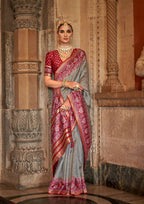 Silver Grey Banarasi Weaving, Ultra Aqua Finish, Zari Work Banarasi Silk Saree - Rath Kunti