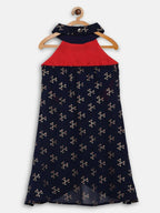 Ahalyaa Navy Printed Chanderi Silk Kids Kurta With Pant For Girls