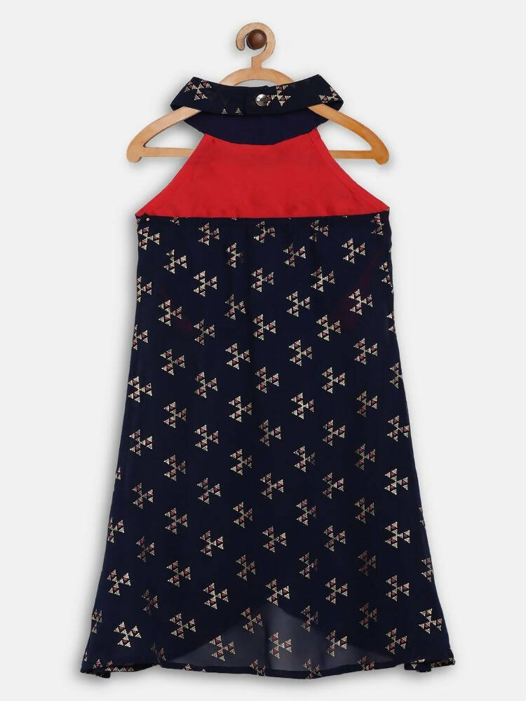 Ahalyaa Navy Printed Chanderi Silk Kids Kurta With Pant For Girls