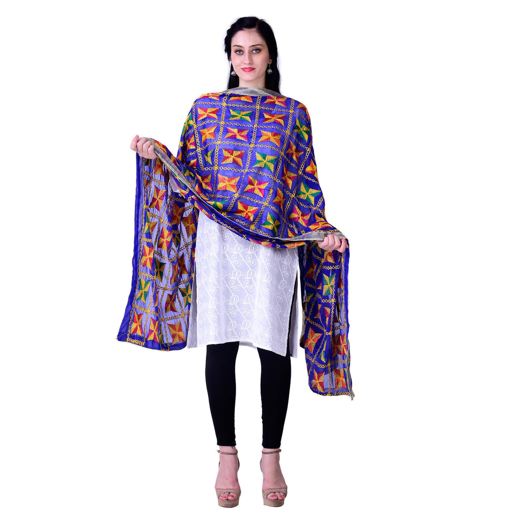 SWI Stylish Women's Embroidered Phulkari Chiffon Royal Blue Dupatta