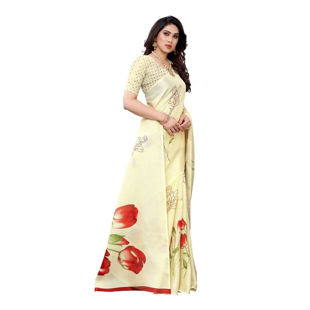 Printed Jute Silk Cream Saree