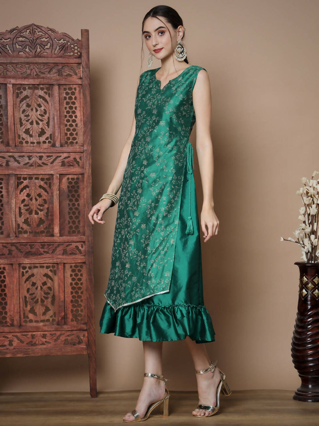 Myshka Women's Teal Floral Printed Gown Dress - Distacart
