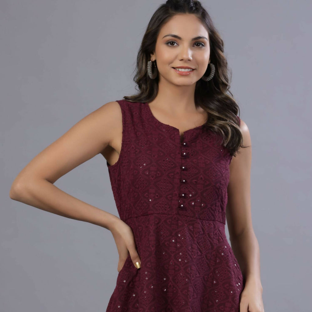 Juniper Women Wine Georgette Embroidered Peplum Tunic