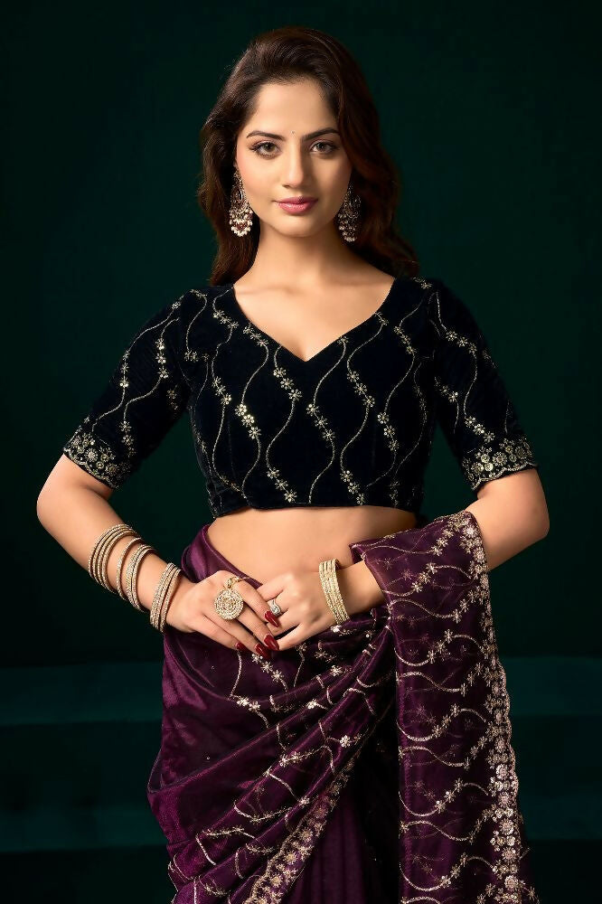 Joban Fashion Wine Net Party Wear Sarees - Distacart