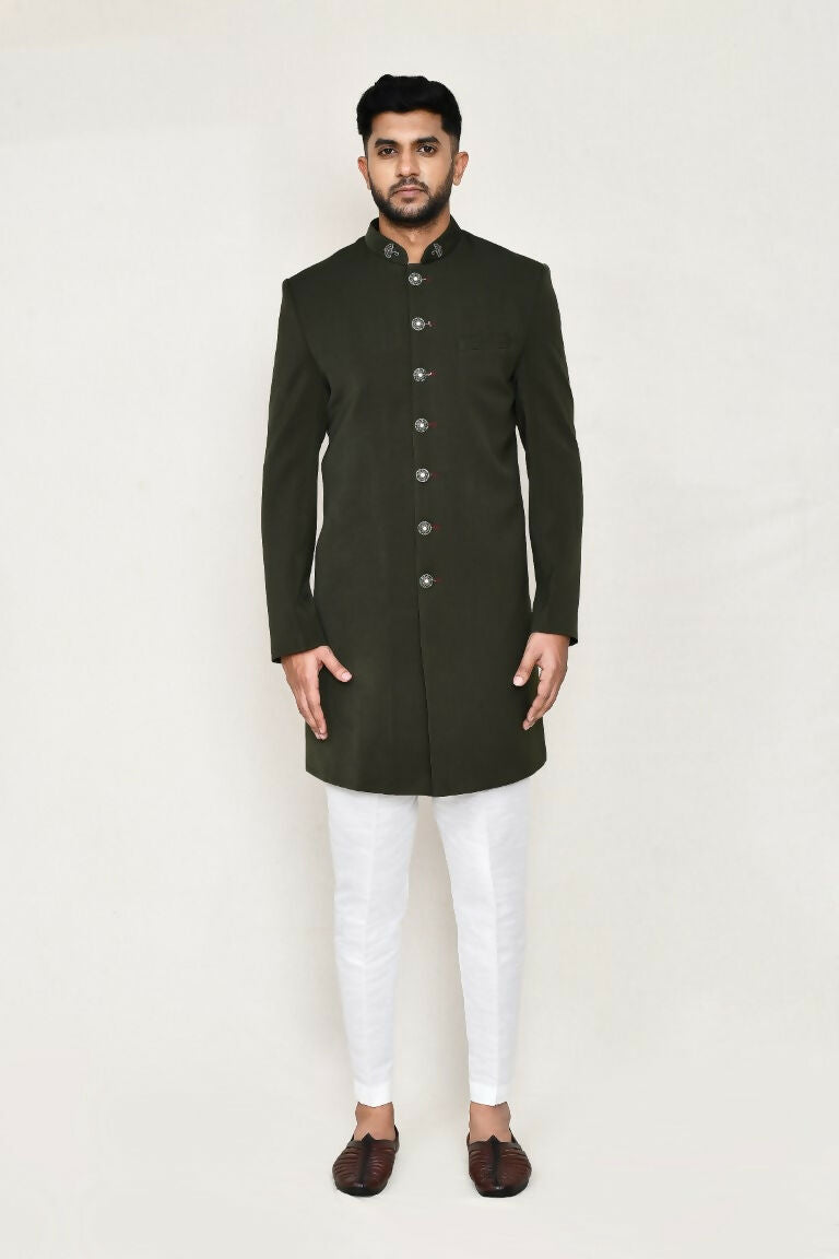 Joban Fashion Green Colored Terry Rayon Fabric Indo Western With Straight Fit Pant