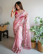 Vamsee Damini Peach Gold Tebi Silk Saree
