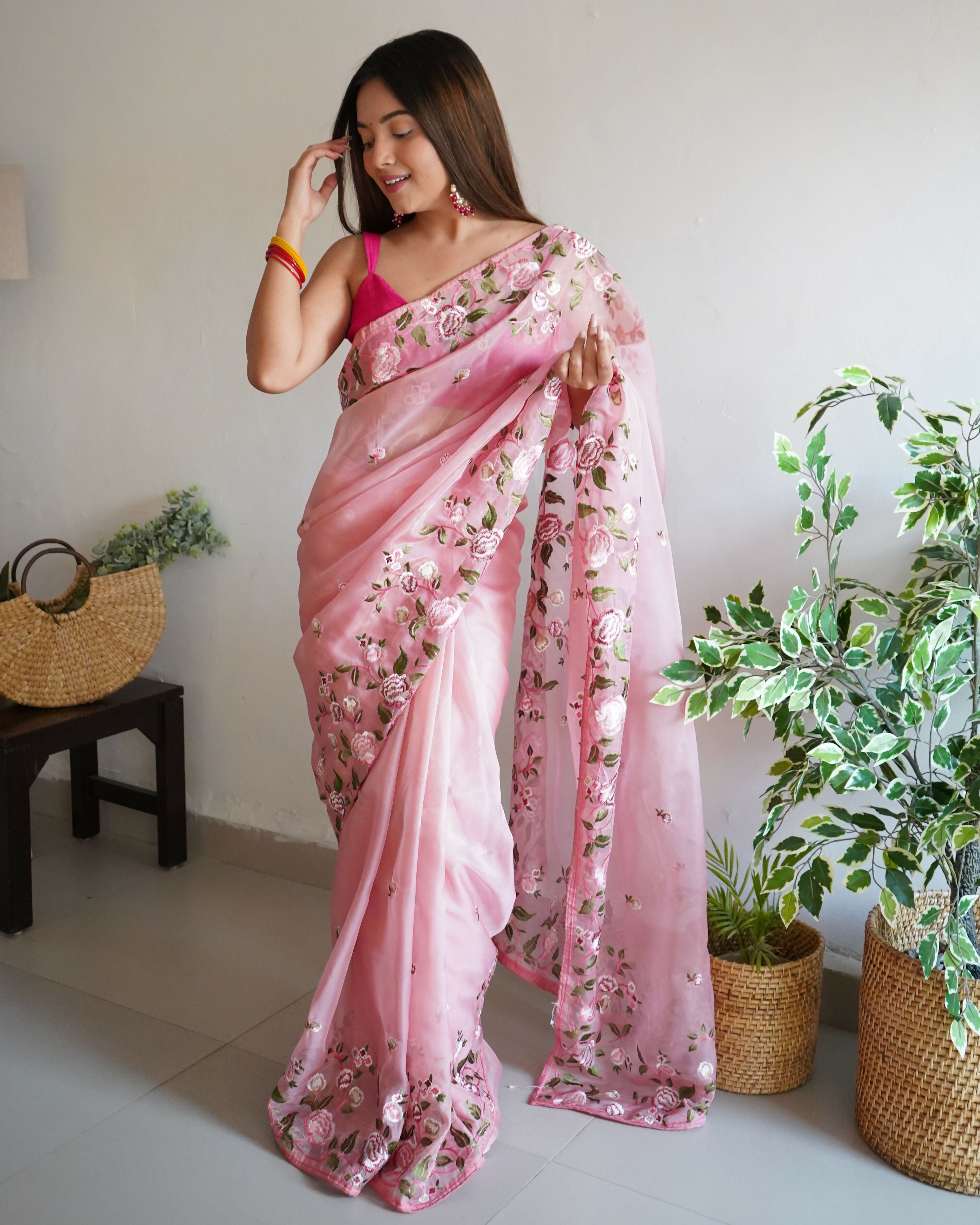 Vamsee Damini Peach Gold Tebi Silk Saree