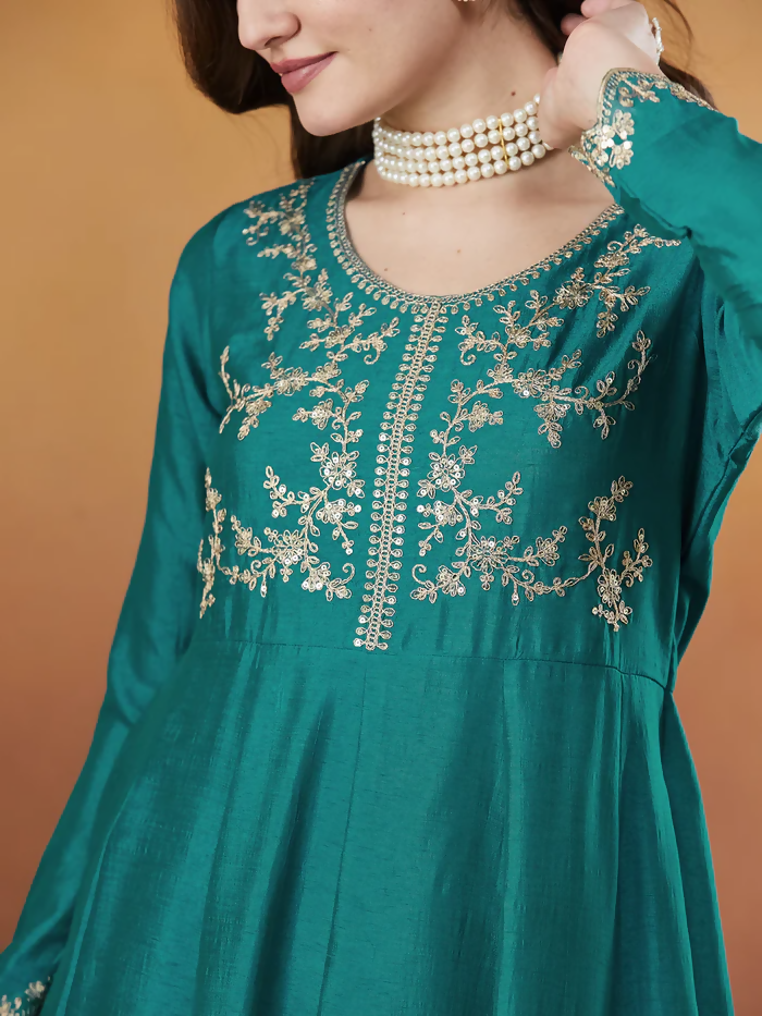 The52 Rama Women's Beautiful Vichitra Silk Fabric Embroidered Work Flared Anarkali Pant and Dupatta Set - Distacart