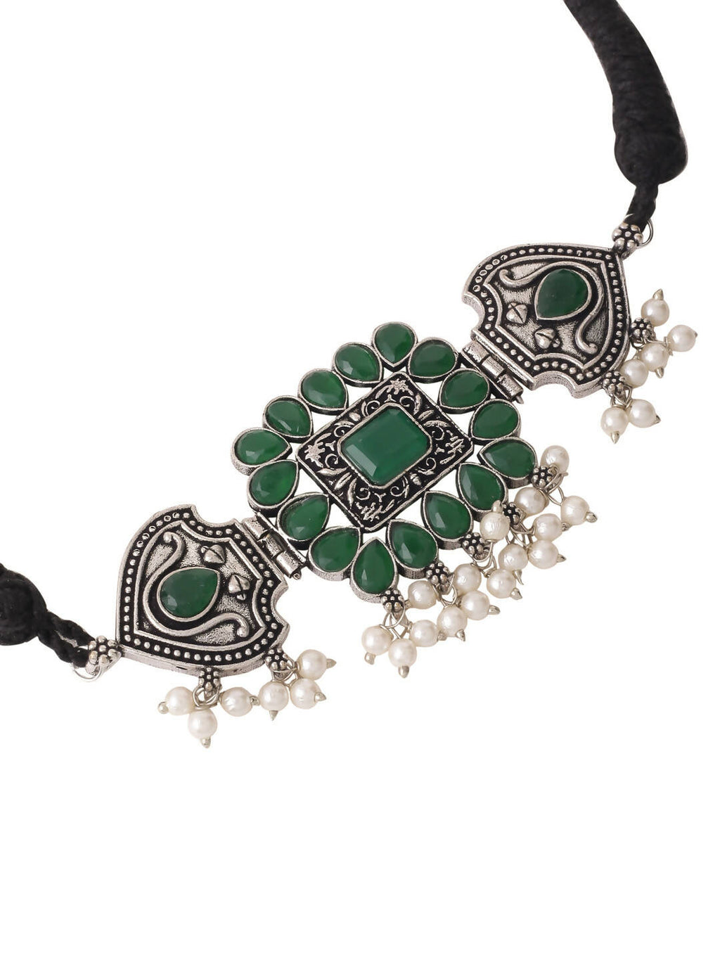 NVR Women's Oxidised Silver Plated Green Color Stone Jewellery Set With Earrings - Distacart