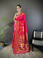 Joban Fashion Rani Pink Zari Woven Floral Motifs Soft Silk Paithani Silk Saree - Distacart